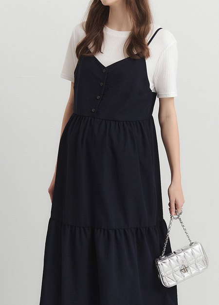 假兩件式細肩帶蛋糕孕哺洋裝-深藍4