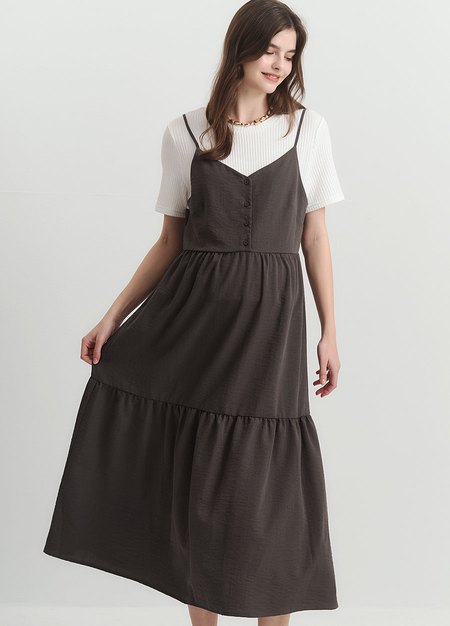 假兩件式細肩帶蛋糕孕哺洋裝-灰色3