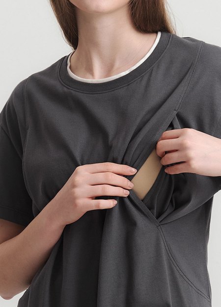 棉質假兩件孕哺洋裝-深灰2