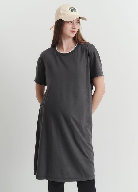 棉質假兩件孕哺洋裝-深灰4