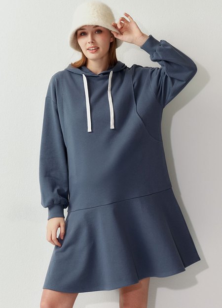 荷葉裙襬連帽孕哺洋裝-灰藍3