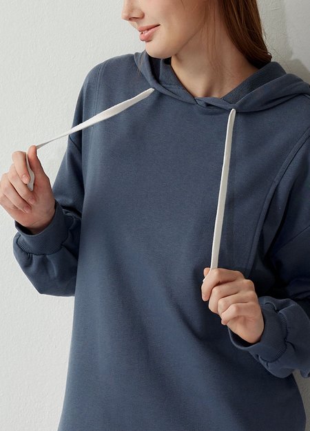 荷葉裙襬連帽孕哺洋裝-灰藍4