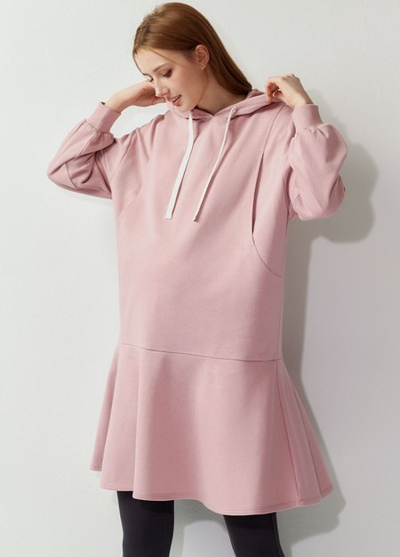 荷葉裙襬連帽孕哺洋裝-淺粉4