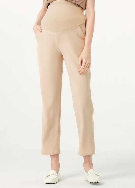 彈性修身九分上班孕婦褲-米色2