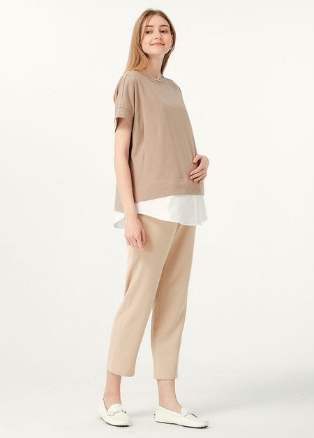 彈性修身九分上班孕婦褲-米色1