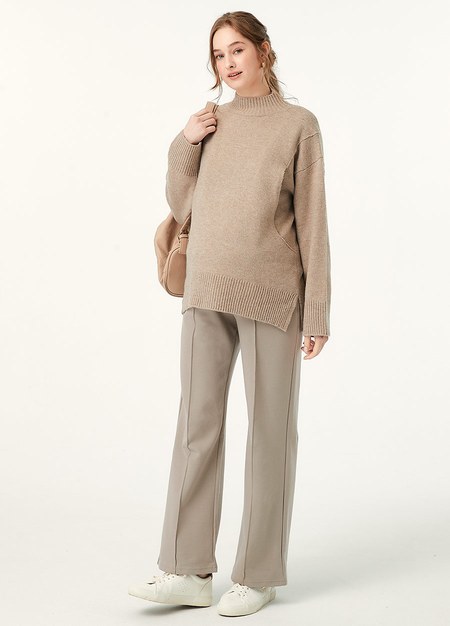 彈力剪接線顯瘦孕婦褲-卡其1