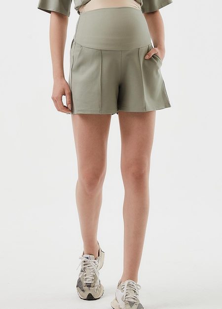 彈力壓線孕婦短褲-淺綠2