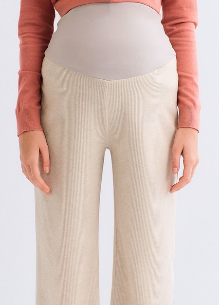 針織直筒孕婦寬褲-米色2