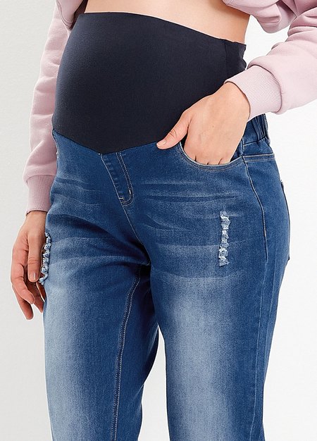 Boyfriend刷破牛仔孕婦褲-深藍2