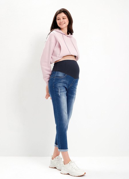 Boyfriend刷破牛仔孕婦褲-深藍3