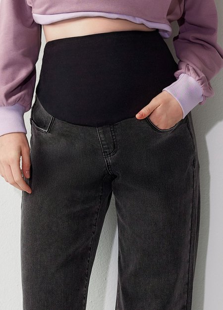 俐落修身牛仔孕婦寬褲-黑色3