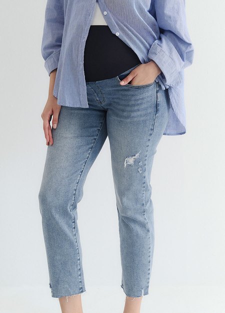 修身男友牛仔孕婦褲-淺藍1