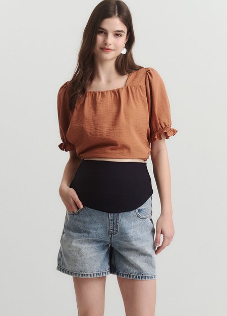 舒適寬鬆牛仔孕婦短褲-淺藍2