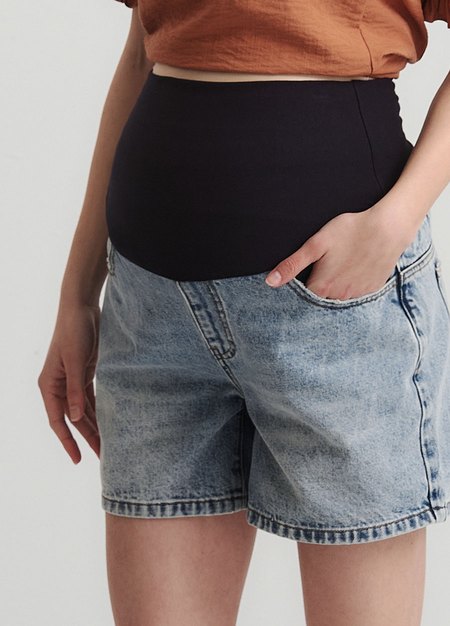 舒適寬鬆牛仔孕婦短褲-淺藍3