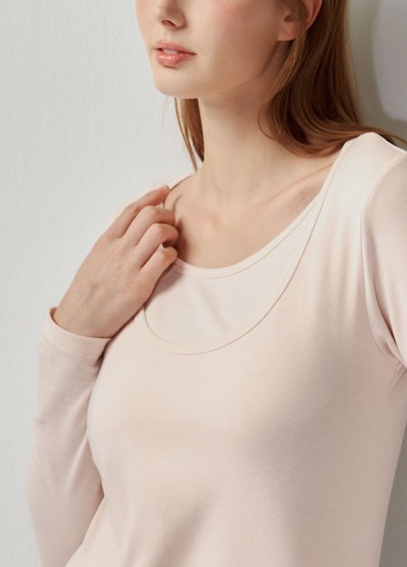 圓領保暖孕哺蓄熱衣-淺粉4