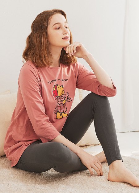 迪士尼小熊維尼孕哺居家服組-深粉1