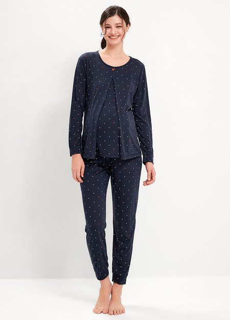 點點米奇莫代爾孕哺居家套裝(長袖+長褲)-深藍3