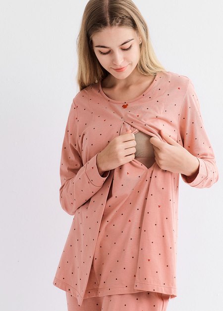 點點米奇莫代爾孕哺居家套裝(長袖+長褲)-粉橘2