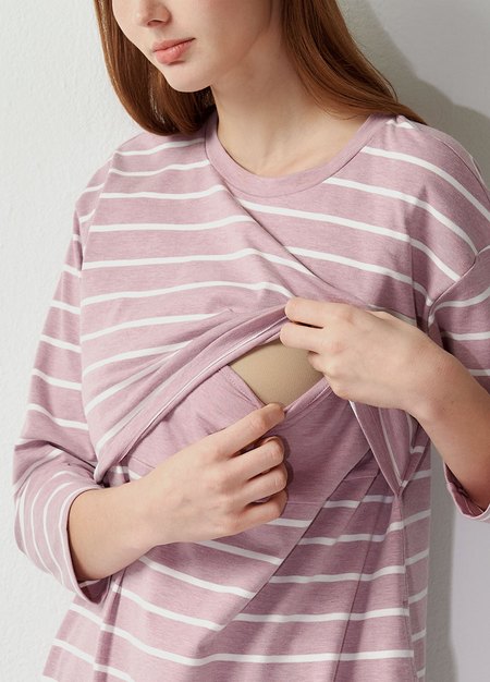棉質條紋寬鬆孕哺居家洋裝-粉紫2