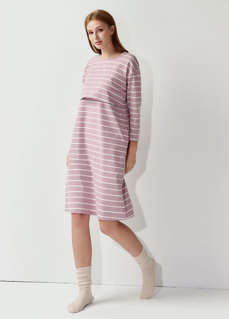 棉質條紋寬鬆孕哺居家洋裝-粉紫3