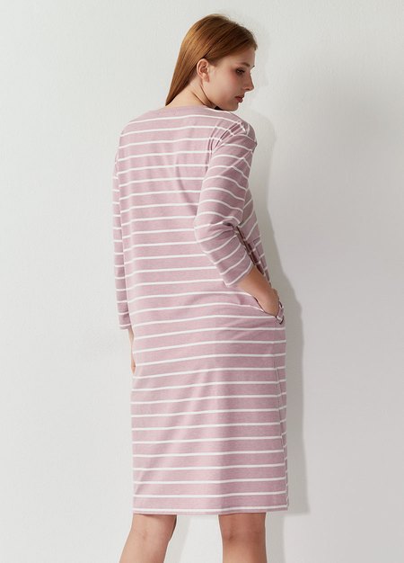 棉質條紋寬鬆孕哺居家洋裝-粉紫4