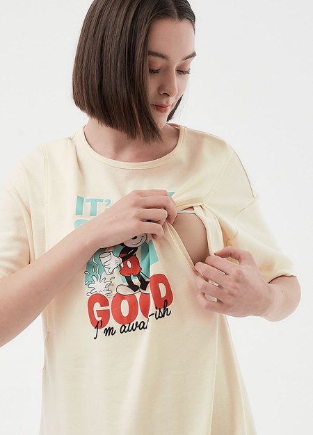 迪士尼早安米奇孕哺居家洋裝-淺黃2