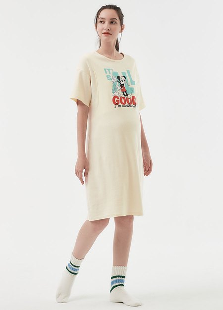 迪士尼早安米奇孕哺居家洋裝-淺黃3