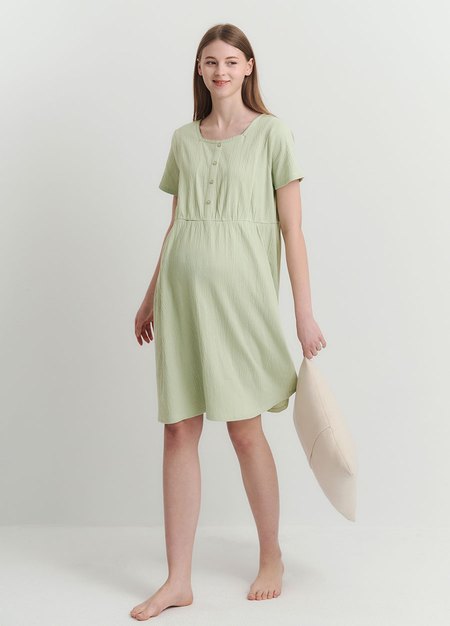 棉質泡泡孕哺居家洋裝-果綠1