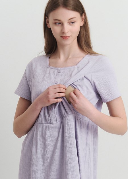 棉質泡泡孕哺居家洋裝-淺紫2