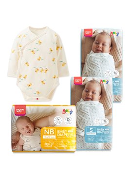 新生兒超值組│黏貼式紙尿褲(NB32x1+S52x2)+包屁衣 - 