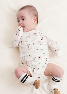 新生兒Q彈棉質長袖包屁衣-狗狗 - 白色