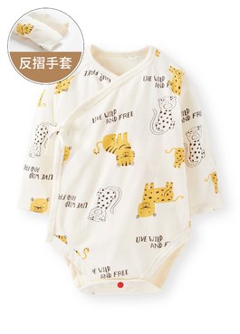 新生兒 Q彈棉質長袖包屁衣-老虎 - 淺黃