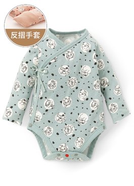 新生兒迪士尼Q彈棉質長袖包屁衣-點點貓狗 - 藍綠