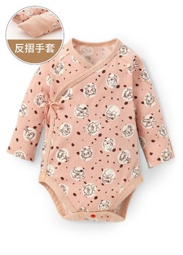 新生兒迪士尼Q彈棉質長袖包屁衣-點點貓狗 - 粉橘