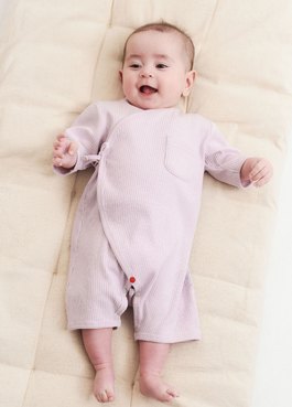 新生兒坑條短袖連身包屁衣 - 粉紫
