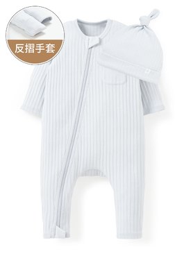 新生兒百褶羅紋雙拉鍊長袖連身衣(附帽子) - 淺灰