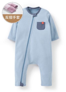 新生兒撞色拉鍊長袖連身衣 - 淺藍