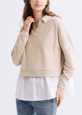 假兩件翻領傘襬孕哺上衣 - 米色