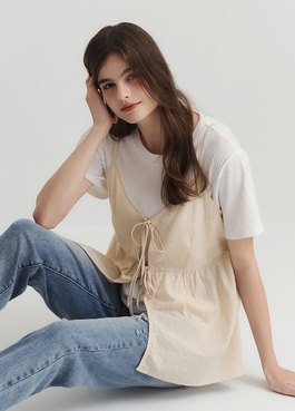 假兩件細肩帶綁帶孕哺上衣 - 淺黃