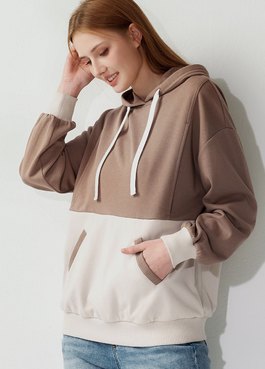撞色拼接連帽孕哺上衣 - 灰褐