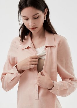 簡約亞麻襯衫孕哺洋裝 - 淺粉