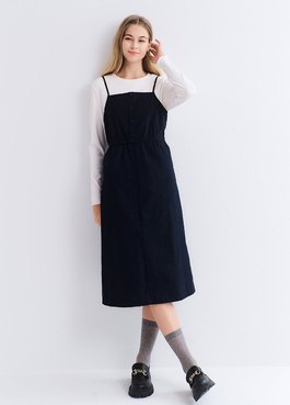 假兩件式細肩帶孕哺洋裝 - 深藍