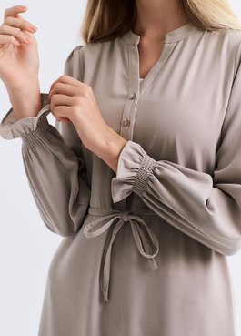 小立領半開襟腰繫帶孕哺洋裝 - 淺灰