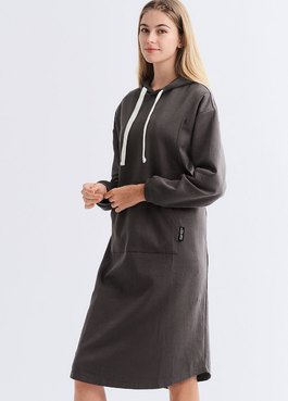 棉質寬鬆連帽孕哺洋裝 - 深灰