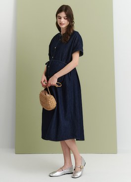 水洗牛仔襯衫孕哺洋裝(兩穿) - 深藍