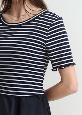 橫紋拼接假兩件孕哺洋裝 - 深藍