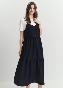 假兩件式細肩帶蛋糕孕哺洋裝 - 深藍