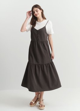 假兩件式細肩帶蛋糕孕哺洋裝 - 灰色