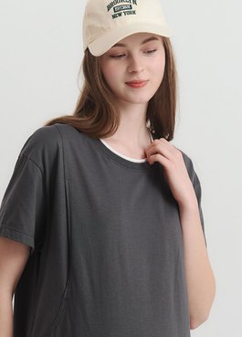 棉質假兩件孕哺洋裝 - 深灰