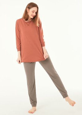 素色撞色孕哺居家服組 - 褐色